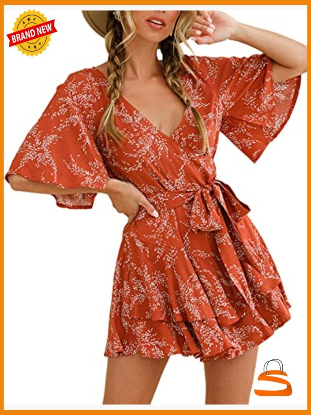 Short Flared Sleeve Romper Jumpsuit with Ruffle Hem - Picture 5 of 7